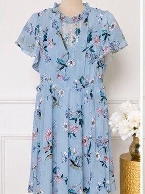 Floral High-Neck Light Blue Midi Dress